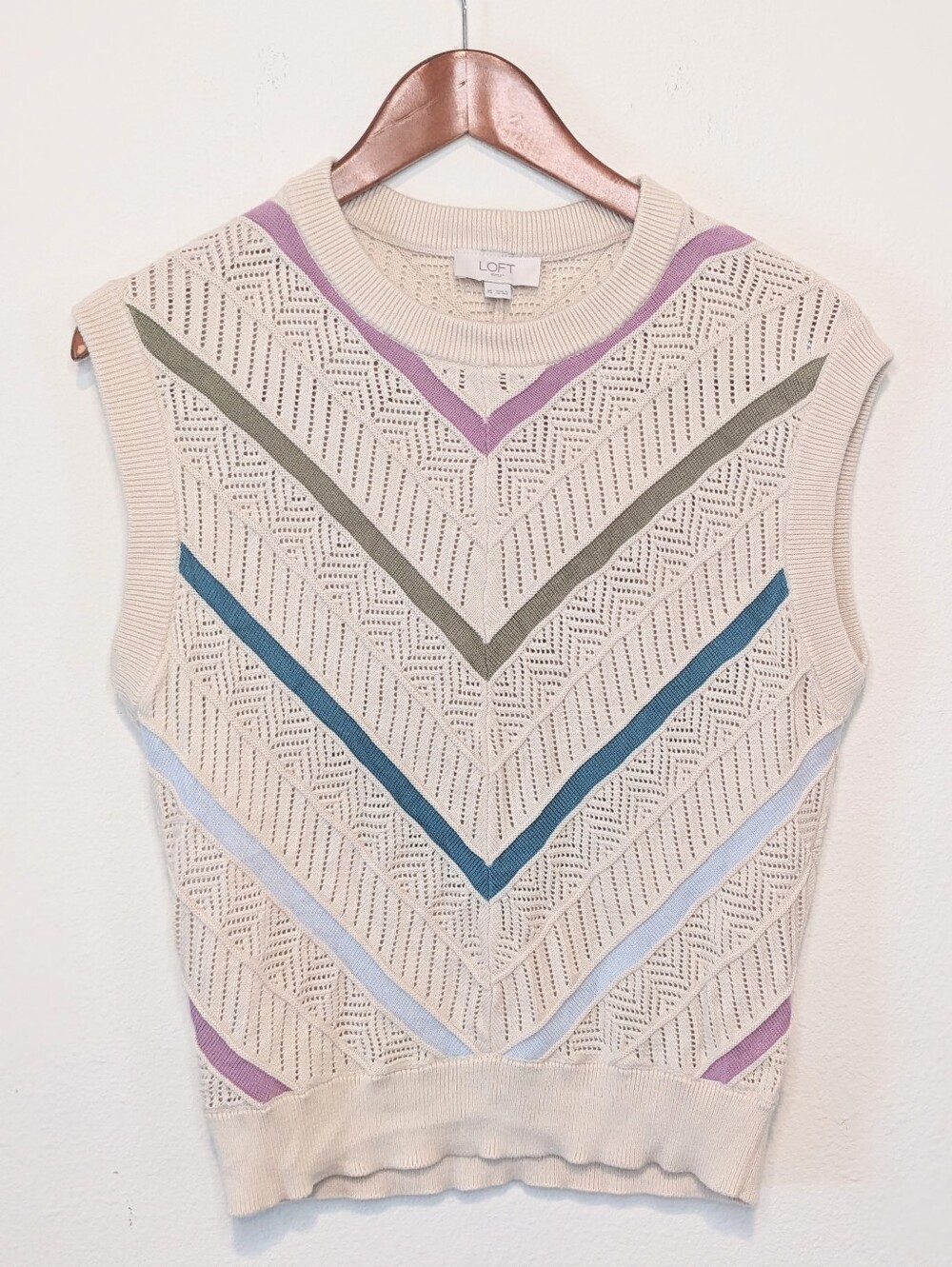 LOFT Pastel Chevron Stripe Open Knit Pointelle Sweater Vest Blouse XS